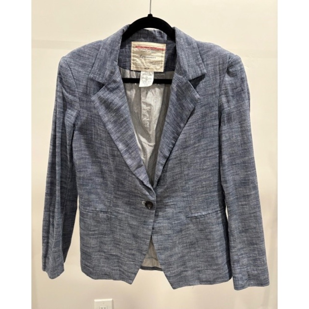 Anthropologie Cartonnier Blue Cotton Blend Single Button‎ Blazer Jacket Womens M